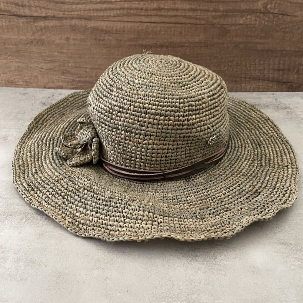 NWT Revolve Florabella Woven Wide Brim Sunhat Taupe Floral Trim Adjustable OS